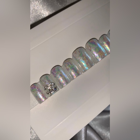 Milky White Iridescent Extra Short Square Nails with Bling Charms - Picture 7 of 8